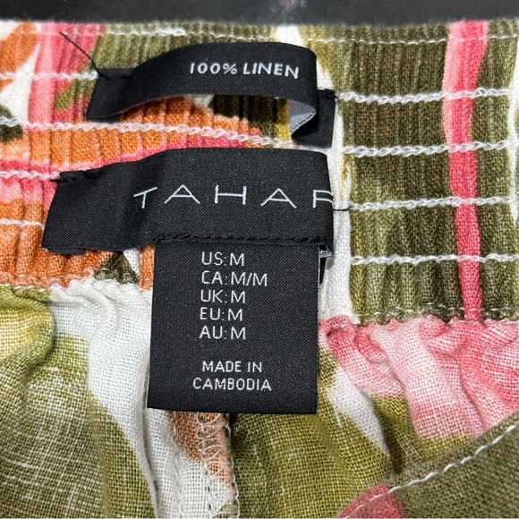 Tahari 100% Linen Pants Sz M Tropical Abstract Pull On Elastic Waist High Rise - Picture 7 of 8